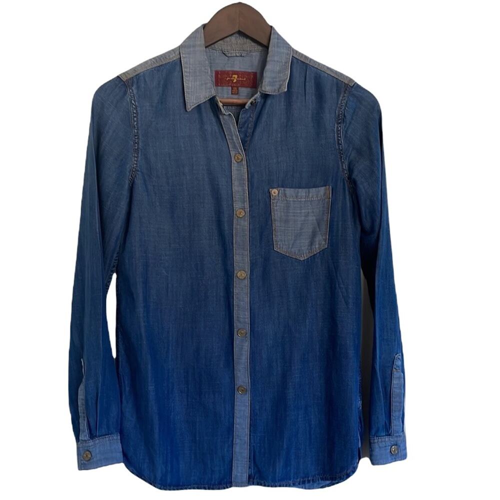 7 for All Mankind Denim Chambray Two Tone Snap Button Down Shirt Size XS